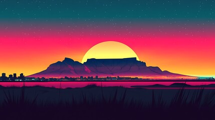 Obraz premium Flat silhouette illustration of Table Mountain at sunset, featuring a gradient sky transitioning from bright red to deep blue,