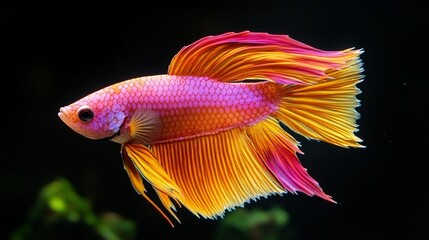 Fototapeta premium A vibrant orange and pink Siamese fighting fish with long flowing fins against a black background.