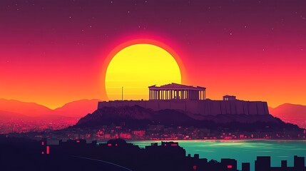 Obraz premium Flat silhouette illustration of the Acropolis in Athens at sunset, featuring the Parthenon against a bright gradient sky of warm orange and cool purple tones,