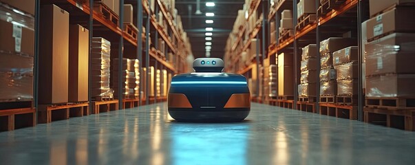 A warehouse robot sorting and stacking products, preparing them for shipment