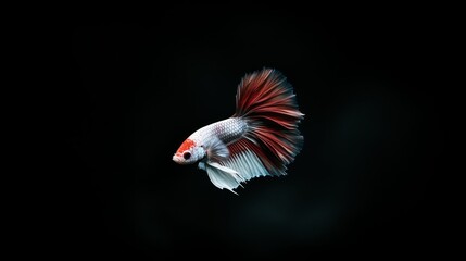 A vibrant red and white Siamese fighting fish with long flowing fins, isolated against a black background.