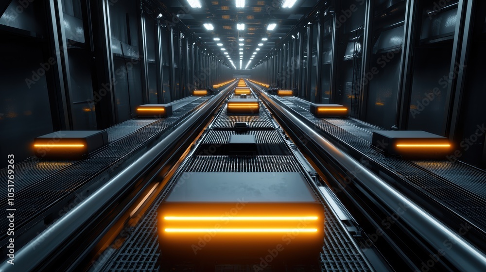 Poster wide-angle view of a warehouse filled with conveyor belts and robotics, showcasing the scale and org