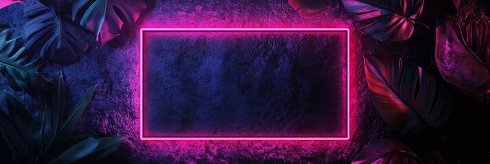Neon Light Frame with Tropical Leaves - Abstract Digital Art