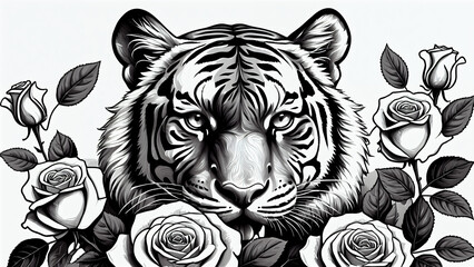 Obraz premium Impressive Tiger Head Illustration Symbolizing Strength, Beauty and Tenderness through Vibrant Vector Graphics, Sophisticated Details and Harmony of Opposites in Decorative Design for Art Posters