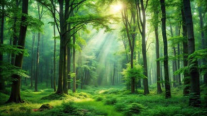 Obraz premium Emerald forest landscape with tall trees and lush green foliage, flora, foliage, vegetation