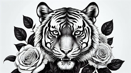 Obraz premium Impressive Tiger Head Illustration Symbolizing Strength, Beauty and Tenderness through Vibrant Vector Graphics, Sophisticated Details and Harmony of Opposites in Decorative Design for Art Posters