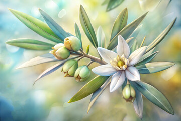 Obraz premium Watercolor painting of blooming olive flowers and buds on soft green background with sunlight