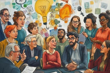 A community participation illustration showing people of different backgrounds and abilities working together, contributing ideas, and engaging in discussions.