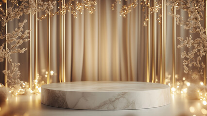 White marble circular platform with gold trim , Luxury Curtain Background