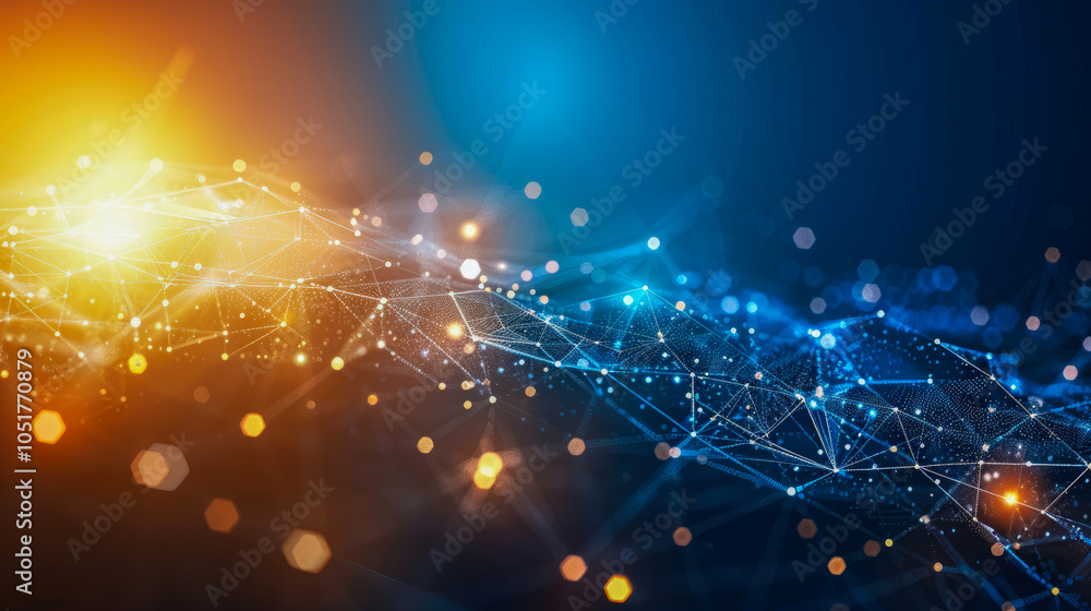 Poster digital abstraction with blue and yellow network connections creates an energetic and technological 