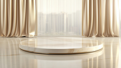 White marble circular platform with gold trim , Luxury Curtain Background