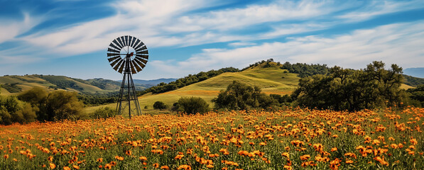 A vibrant wildflower field under a blue sky with a windmill gently turning in the breeze on a sunny afternoon in a rural landscape