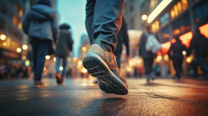 Fototapeta premium A dynamic close-up of feet walking on a city sidewalk,