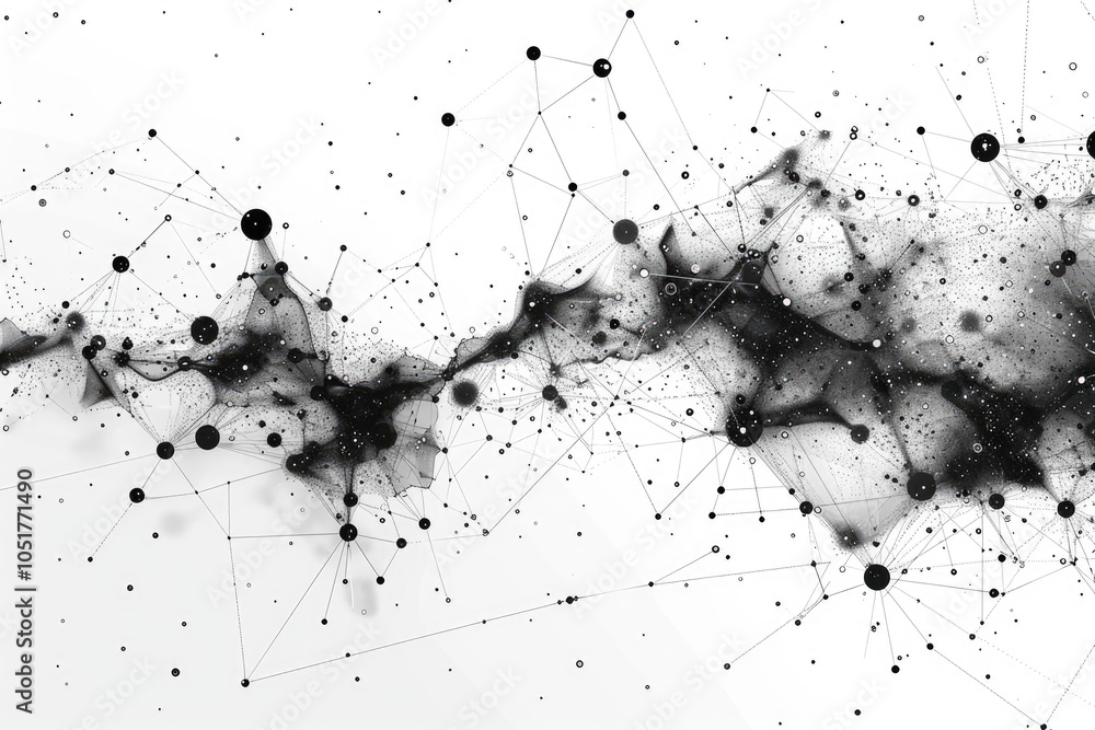 Poster an intricate design of black ink dots and connecting lines, representing the complex web of connecti