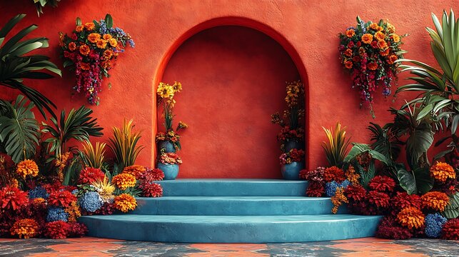 Blue Steps to Red Wall with Flowers"
