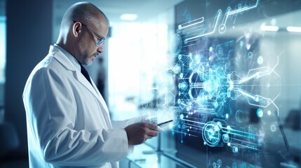 Fototapeta premium A doctor sits at a sleek desk, using a tablet to access electronic medical records while holographic images of DNA and digital health symbols surround them.