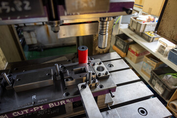 Sheet Metal Stamping Tool Die for Automotive Precision Parts on The Numerical Control Milling Machine Table. Tandem Stamping System. At a High Quality Technology Factory.