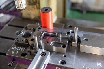 Sheet Metal Stamping Tool Die for Automotive Precision Parts on The Numerical Control Milling Machine Table. Tandem Stamping System. At a High Quality Technology Factory.