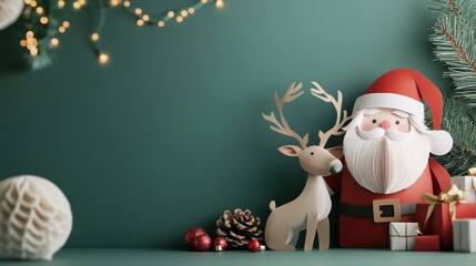 Santa and a reindeer stand together amidst Christmas decor, including presents and ornaments, under sparkling fairy lights against a deep green background.