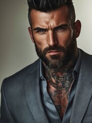 Obraz premium A man with a beard wearing a suit and a shirt