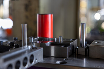 Sheet Metal Stamping Tool Die for Automotive Precision Parts on The Numerical Control Milling Machine Table. Tandem Stamping System. At a High Quality Technology Factory.