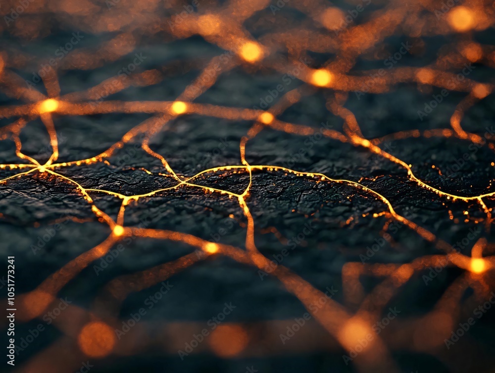 Poster intricate network of glowing lines on a dark textured surface, creating an ethereal and mesmerizing 