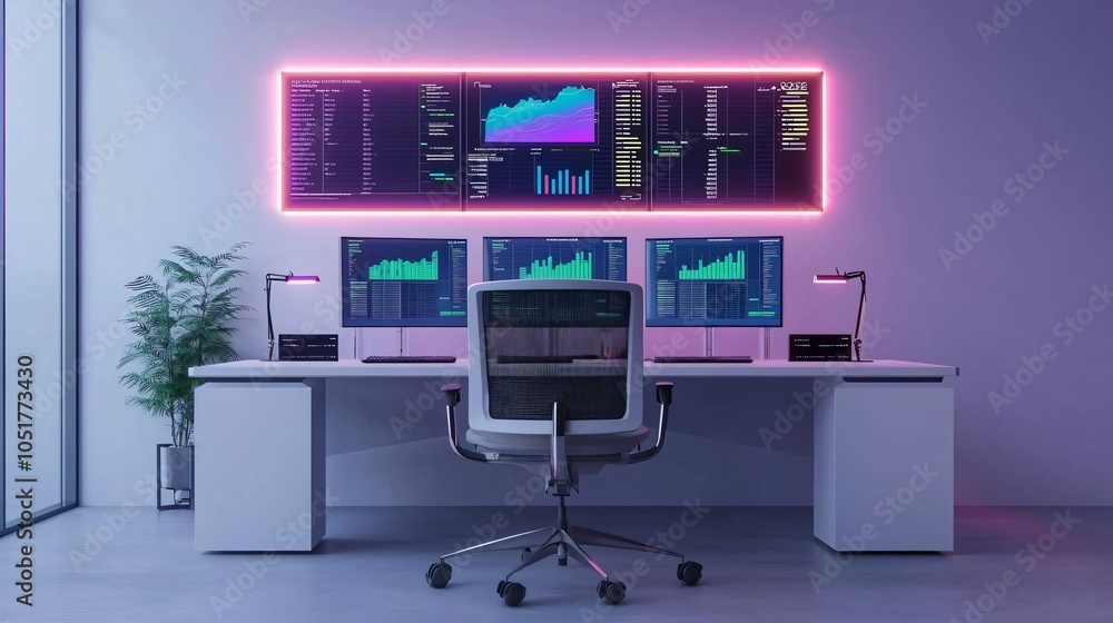 Poster modern office workspace with three monitors displaying data analytics and a stylish design featuring