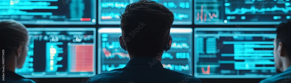 Poster professionals analyzing data on multiple screens, showcasing a high-tech environment and modern tech