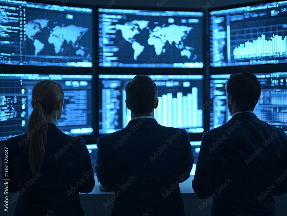 Aufkleber professionals analyzing data on multiple screens in a modern office setting, showcasing teamwork and