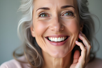 Fototapeta premium Beautiful gorgeous 50s mid age beautiful elderly senior model woman with grey hair laughing and smiling. Mature old lady close up portrait. Healthy face skin care beauty, skincare cosmetics, dental
