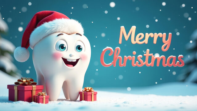 Cute tooth in Santa hat standing surrounded by presents. Snowy blue background with Merry Christmas text. Merry Christmas and Happy New Year greeting concept from Dental Clinic and Dentists.