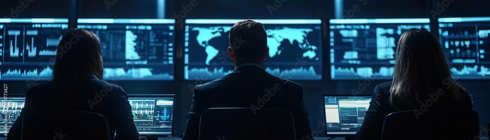 Poster team of analysts monitoring data on multiple screens in a high-tech control room, focusing on global