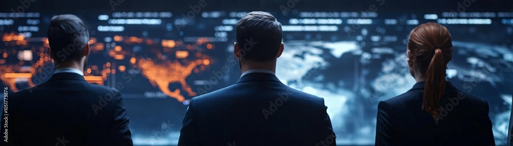 Poster three professionals observe data on a digital screen, reflecting teamwork and technology in a modern