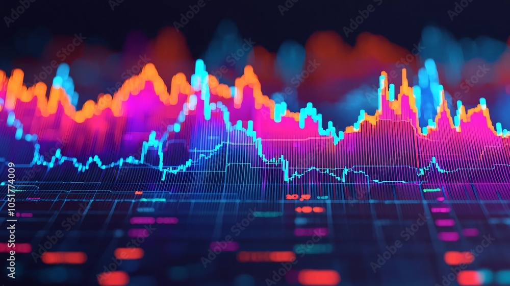 Poster vibrant abstract data visualization featuring dynamic graphs and colorful lines, representing financ
