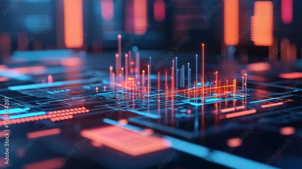 Poster vibrant digital abstract with glowing data visualizations and circuit patterns, symbolizing modern t