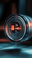 A stylized camera lens at the center, representing the "shoot" aspect, with a subtle crosshair over it to symbolize precision.