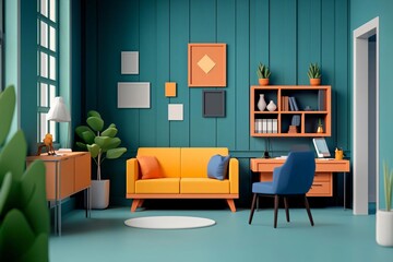 Vibrant living room with an orange sofa, blue chair, modern decor, and green wall, creating a cozy and inviting atmosphere.