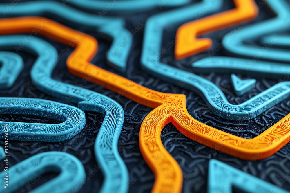 Poster a close-up view of vibrant maze patterns in blue and orange, showcasing intricate designs and textur