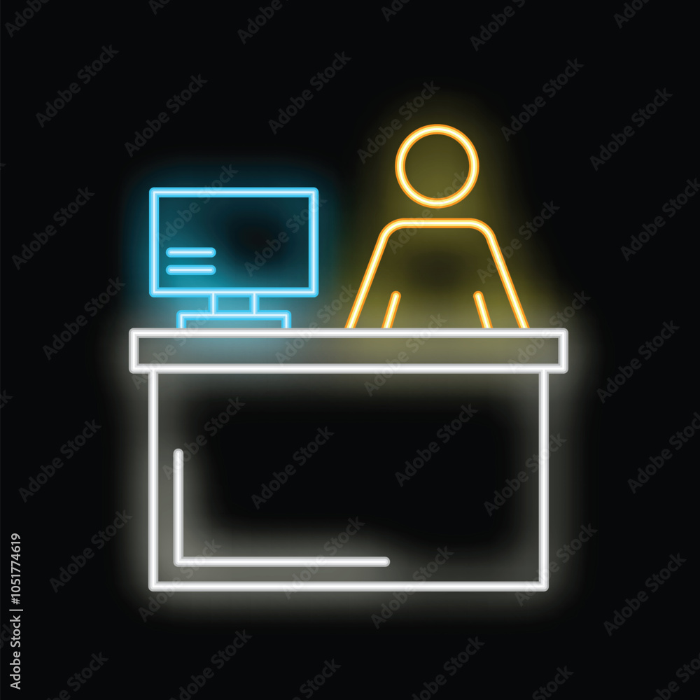 Aufkleber neon icon of an office worker standing behind a desk with a computer on it