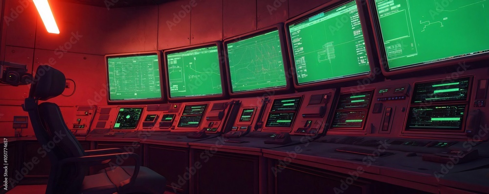 Poster a futuristic control room with multiple digital screens displaying green data and a sleek design, pe