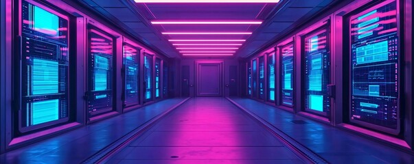 A futuristic data center with vibrant neon lighting, showcasing server racks and a sleek, high-tech environment.