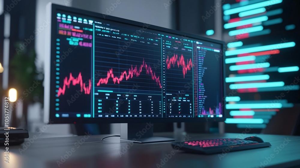 Poster a modern monitor displaying financial data with colorful graphs and statistics, perfect for business