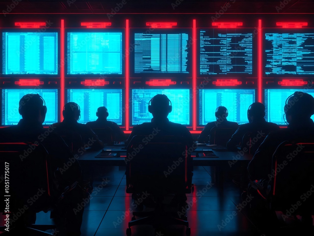 Poster a team of operators monitoring digital data in a high-tech control room, illuminated by bright scree