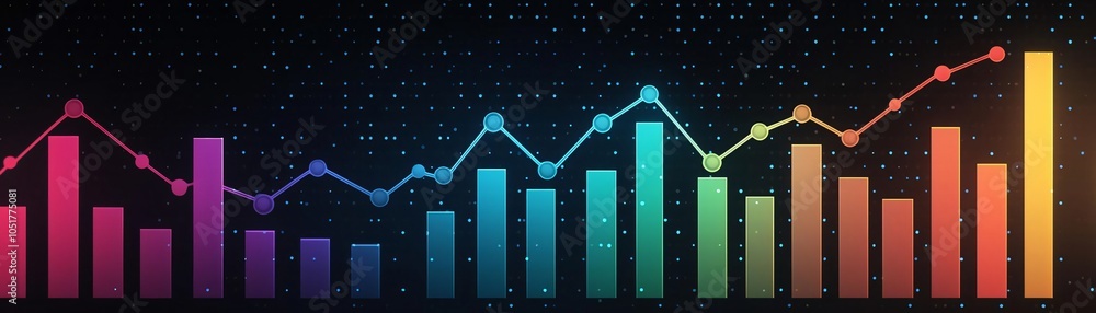 Poster A vibrant abstract graph showing data trends with colorful bars over a digital background. Perfect for presentations and reports.
