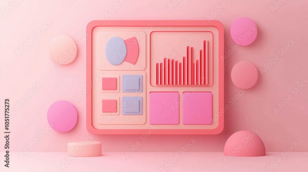 Poster a vibrant pink dashboard featuring circular and rectangular shapes, showcasing data visualizations i