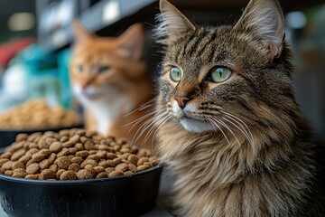 Close-up of a Tabby Cat with Green Eyes Looking Away from a Bowl of Cat Food