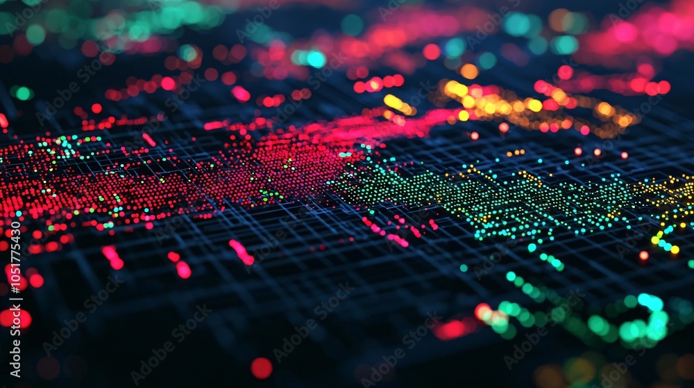 Poster abstract digital landscape featuring vibrant colors and illuminated patterns representing data visua