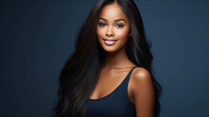 Fototapeta premium Portrait of smiling African American girl with long hair blue background banner.