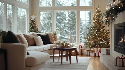 An inviting and elegantly designed living space with two decorated Christmas trees, surrounded by gifts, creating a warm and joyful holiday atmosphere.