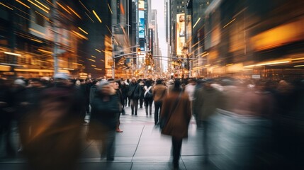 bustling city street scene featuring a diverse group of people walking in various directions,